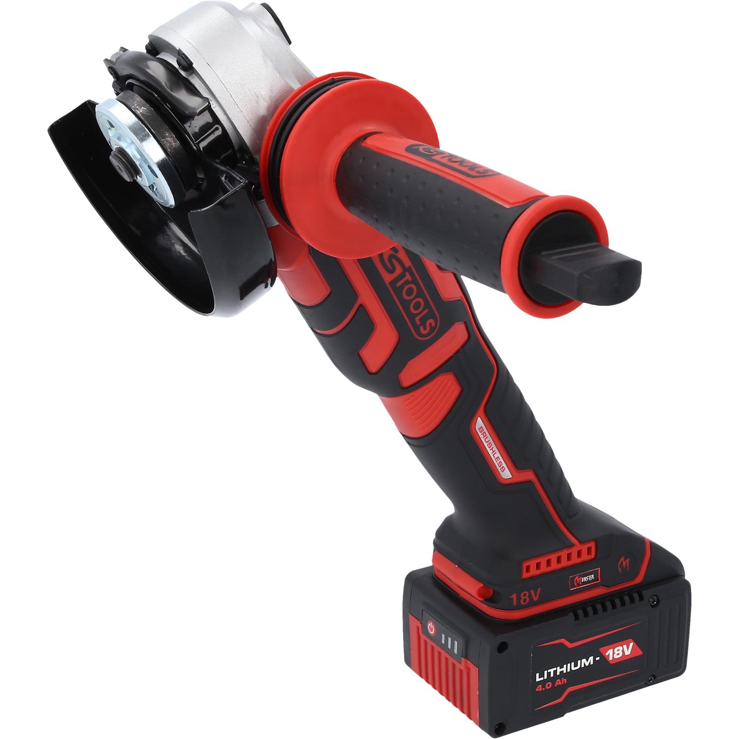KS Tools, Winkelschleifer, eMONSTER Brushless-Akku-Winkelschleifer-Satz, 4-tlg 18 Volt, 2 Akkus und Ladegerät (125 mm)