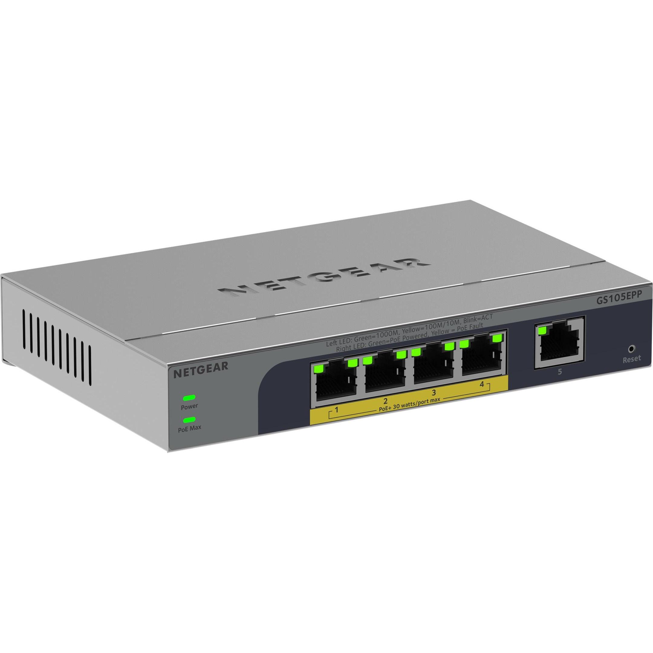 Netgear GS105EPP (5 Ports), Netzwerk Switch, Grau