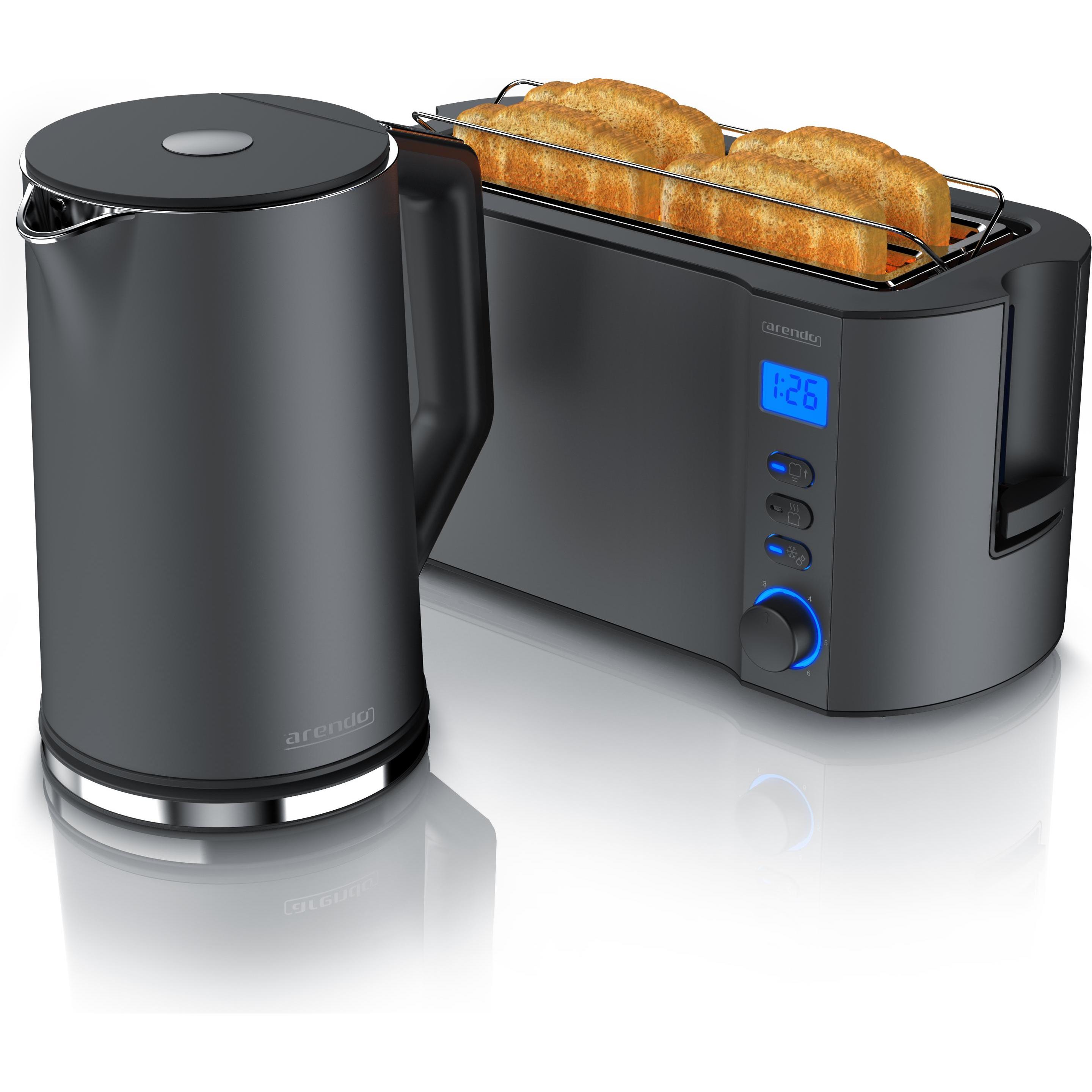 Arendo Frühstücks Set, Edelstahl Wasserkocher 1,5l Temperaturwahl & 4-Scheiben Langschlitz Toaster, Grau, Wasserkocher, ...