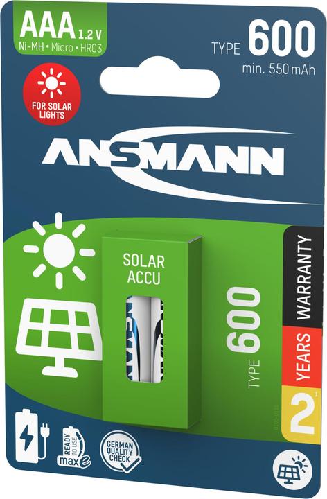 Actual product image Ansmann Solar NiMH battery Micro AAA type 600 (min. 550 mAh) maxE (2 pcs., AAA, 550 mAh)