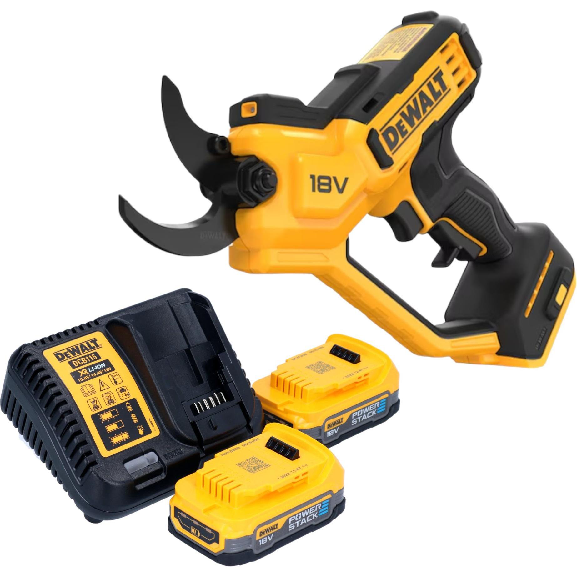 DeWalt, Gartenschere, DCMPP 568 E2 Akku Astschere 18 V 38 mm + 2x Powerstack Akku 1,7 Ah + Ladegerät