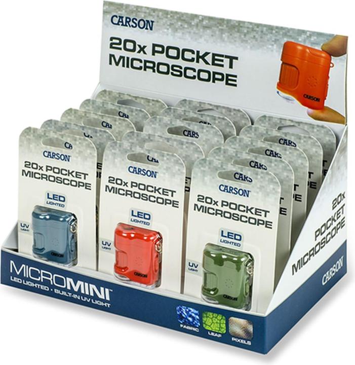 Carson Pocket microscope MicroMini 20x with UV and LED, 15 pieces display