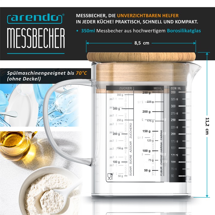 Actual product image Arendo Measuring jug 350 ML made of glass, 0.35 litre, airtight, bamboo lid, silicone seal for flour (350 ml)