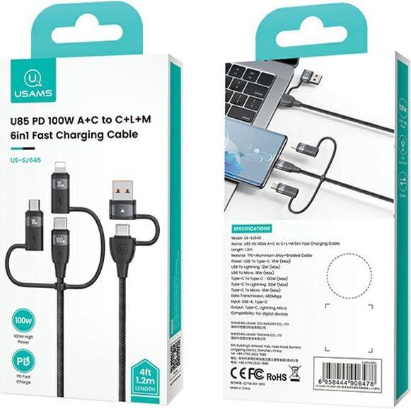 Produktbild Usams US-SJ645 U85 PD100W A+C to C+L+M 6in1 Fast Charging Cable 1.2m (1.20 m, USB 3.2 Gen 1, 100 W)