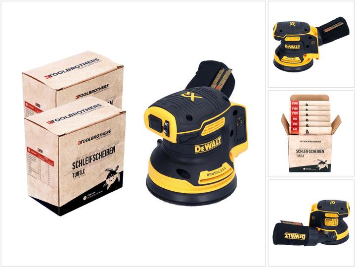 senza caricatore, 20x Toolbrothers TURTLE 125 mm P60, 20x Toolbrothers TURTLE 125 mm P80, 20x Toolbrothers TURTLE 125 mm P240, 20x Toolbrothers TURTLE 125 mm P180, 20x Toolbrothers TURTLE 125 mm P120, senza batteria, 1x Levigatrice rotorbitale a batteria DeWalt DCW 210, 2x Set di dischi abrasivi Toolbrothers TURTLE 125 mm - composto da un totale di: 20x Toolbrothers TURTLE 125 mm P40