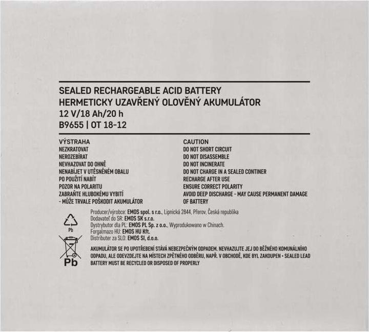 Nutritional values and ingredients Emos SLA battery 12V 18Ah (12 V, 18 Ah)