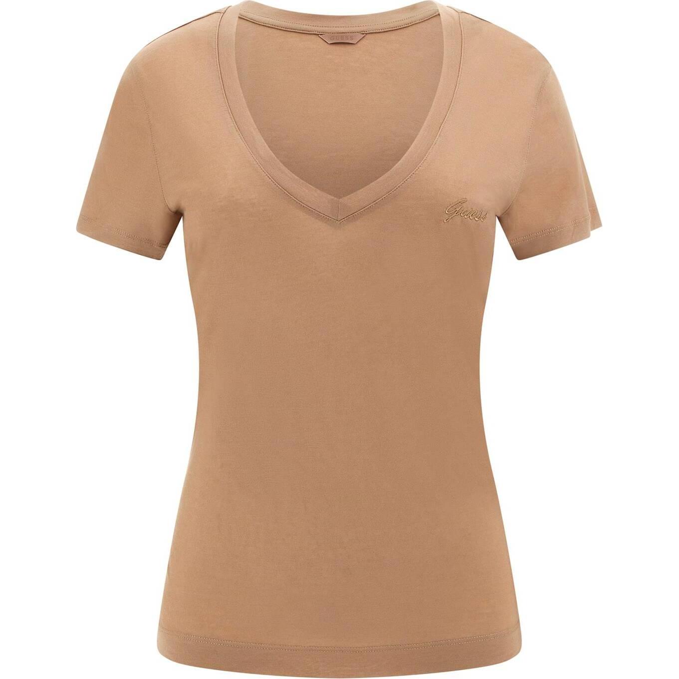Guess, Damen, Shirt, Basic V-Ausschnitt T-Shirt Damen, Beige, (XL)