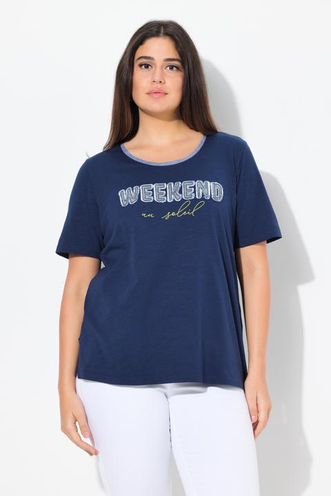 Produktbild Ulla Popken T-Shirt, Denim-Schriftzug, Fransen, Rundhals, Halbarm (50, 52)