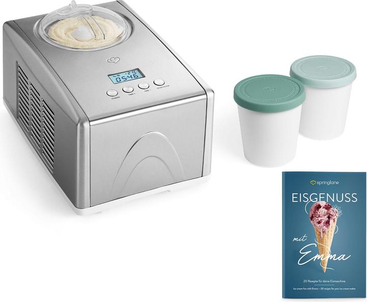 Eisbehälter, Eisportionierer, Edelstahl Eisbehälter, 2 Aufbewahrungsbehälter, Rezeptheft, Bedienungsanleitung mit Rezepten, Kunststoffspatel, Messbecher, Deckel mit Einfüllöffnung, Portionierlöffel, Rührteil, Eismaschine mit Kompressor