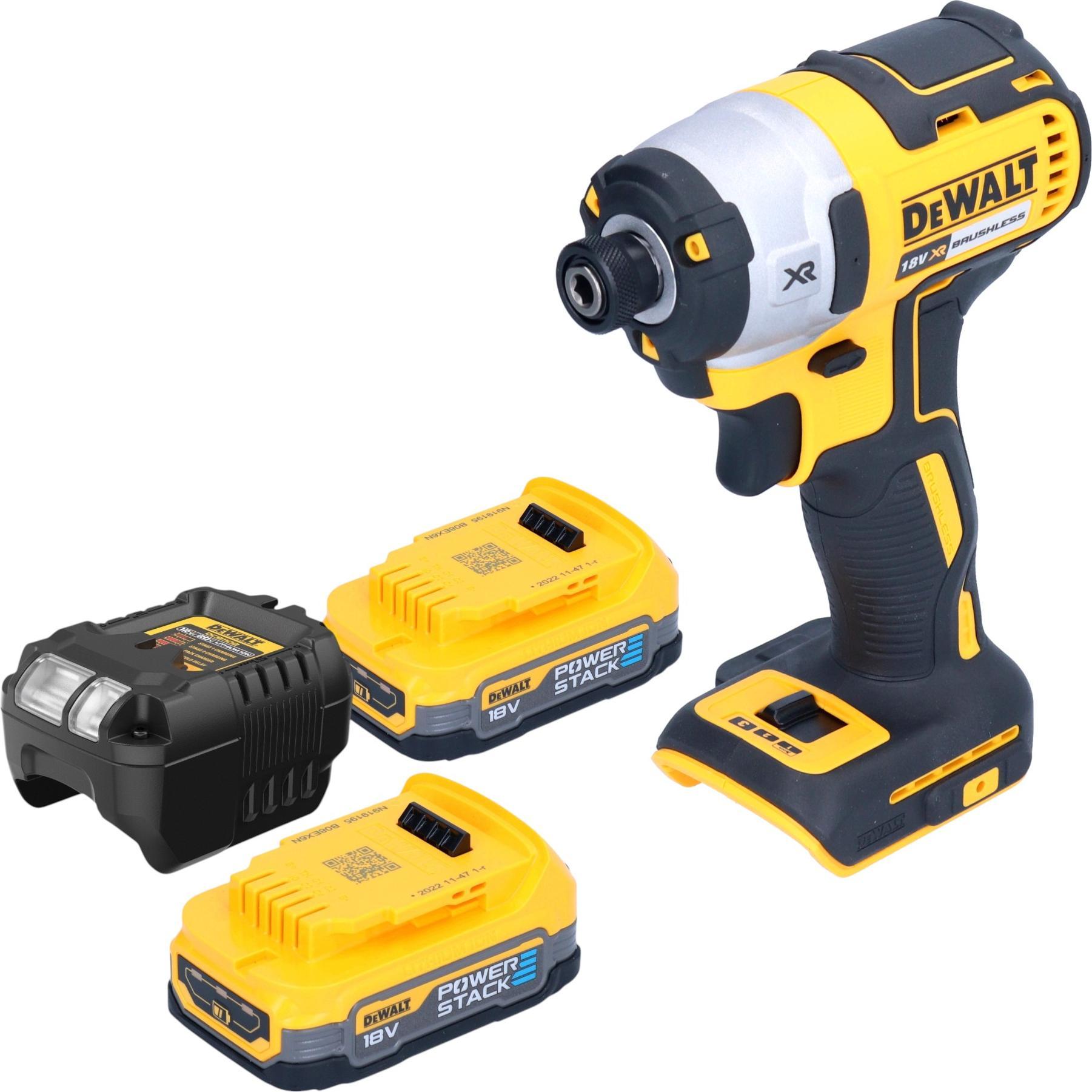 DeWalt, Bohrmaschine + Akkuschrauber, DCF 887 E2 Akku Schlagschrauber 18 V 205 Nm 1/4" Brushless + 2x Powerstack Akku 1,...