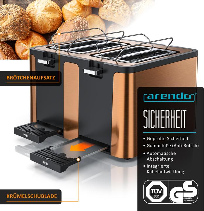 Image du produit Arendo Toaster 4 Scheiben Kurzschlitz, Automatik, Wärmeisolierendes Doppelwandgehäuse, Edelstahl, 1750 W