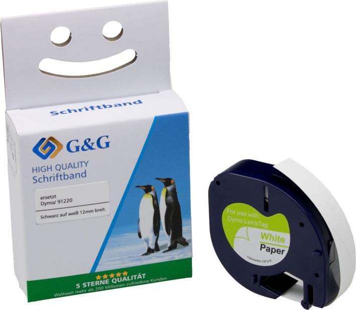 Produktbild G&G Schriftband Bandfarbe: Weiss Schriftfarbe: Schwarz 12 mm 4 m (1.20 cm, Schwarz, Weiss)