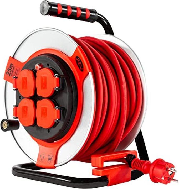 Image du produit REV Cable reel EX 25 m H07RN IP44 3000W with sanding contact outdoor 4 earthed sockets red (25 m)