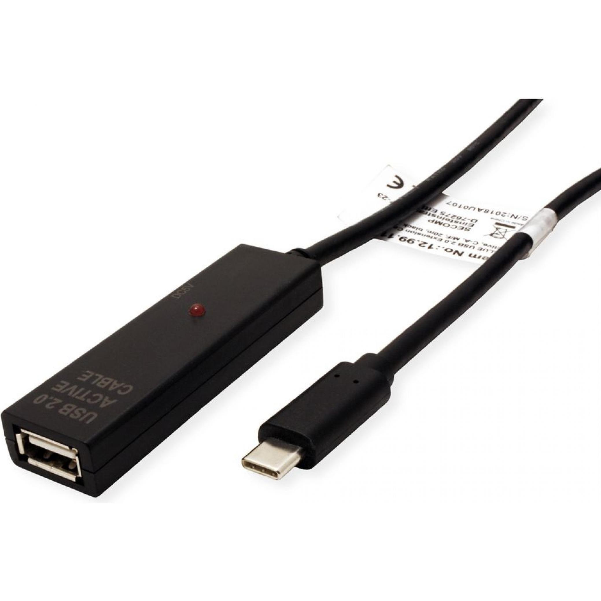 Value Nero Prolunga Usb 2.0, Attiva, Con Ripetitore, A-C, 20,0 M (20 M, Usb 2.0), Cavo Usb