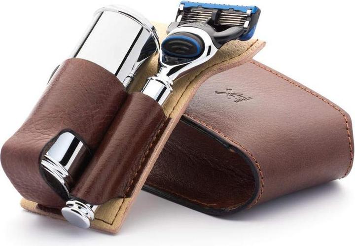 Image du produit Mühle Set de rasage de voyage - marron, travail du cuir florentin, blaireau (31M20) avec Silvertip