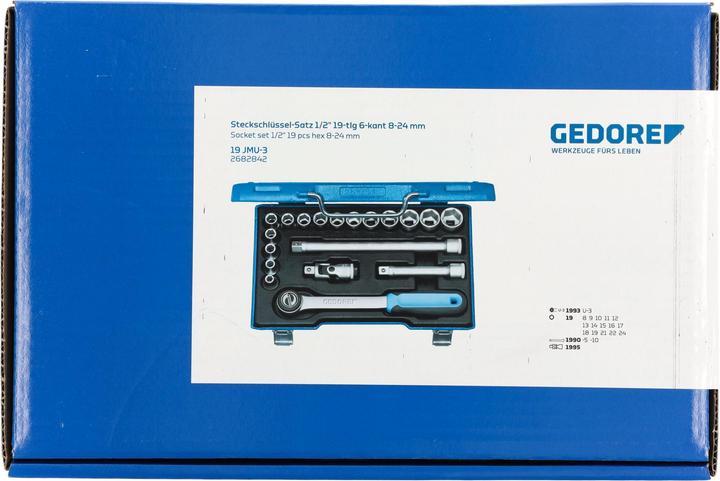 Image du produit Gedore 19 JMU-3 Jeu de douilles 1/2", 19 pièces, 6 pans, 8-24 mm (10 mm, 11 mm, 12 mm, 13 mm, 14 mm, 15 mm, 16 mm, 17 mm, 18 mm, 19 mm, 21 mm, 22 mm, 24 mm, 8 mm, 9 mm)
