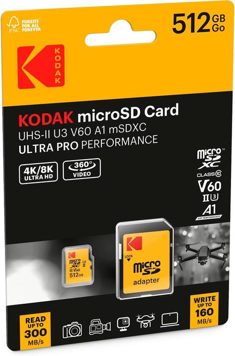 Actual product image Kodak mSD 512GB UHS-II U3 V60 Pro +adapt (512 GB, microSD, U3, UHS-II)