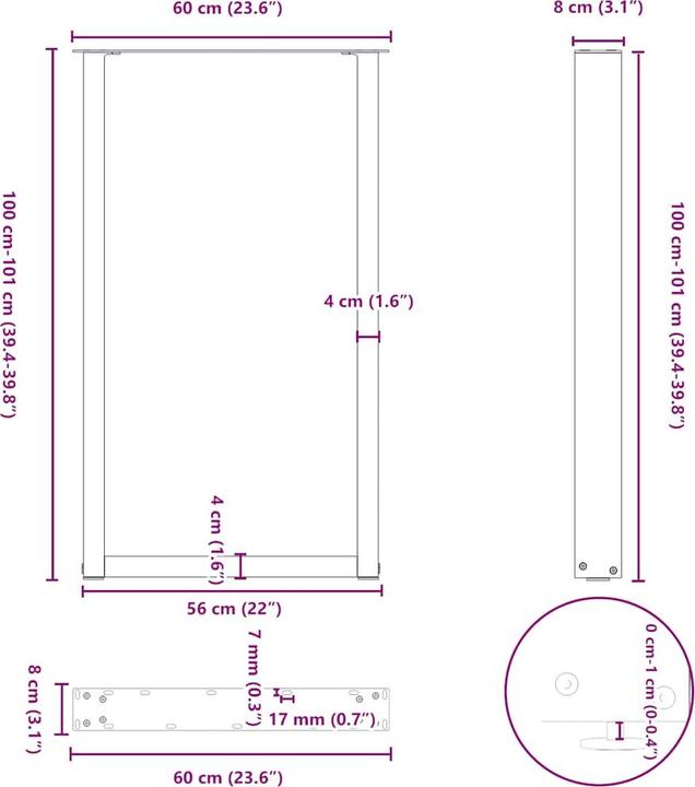 Actual product image vidaXL Coffee table legs U-shape 2 pcs. black 60x(100-101) cm steel table leg