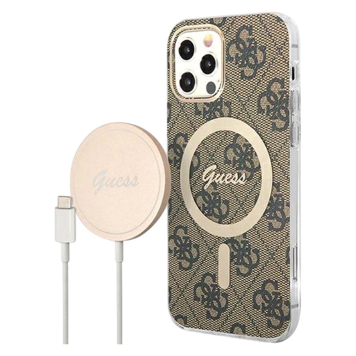 Guess Zestaw GUBPP12MH4EACSW Case+ Charger IPhone 12/12 Pro Brązowy/brown Hard Case 4G Print MagSafe (Apple IPhone 12, Apple IPhone 12 Pro),