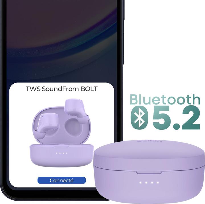 Produktbild Belkin wireless soundform bolt tws hellviolett (Keine Geräuschunterdrückung, 28 h, Kabellos)