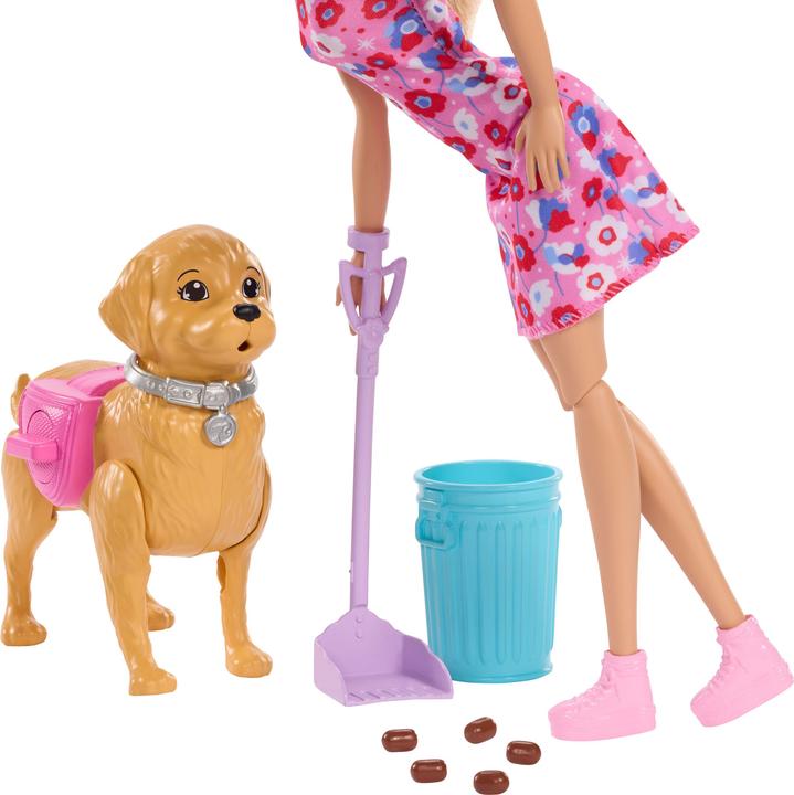 Produktbild Barbie Malibu Hundespaziergang Spielset, enthält Puppe, Hund zum Spazierengehen und Häufchenmachen
