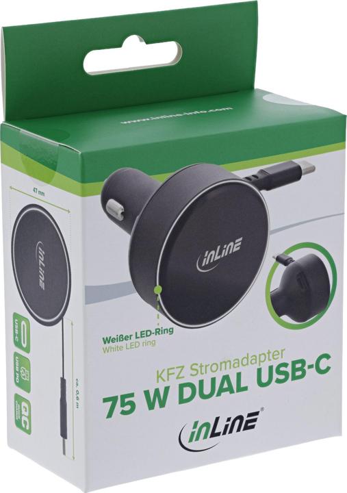 Produktbild InLine ® Dual USB-C KFZ Stromadapter 12/24V, ausziehbares Kabel + Buchse, 75W