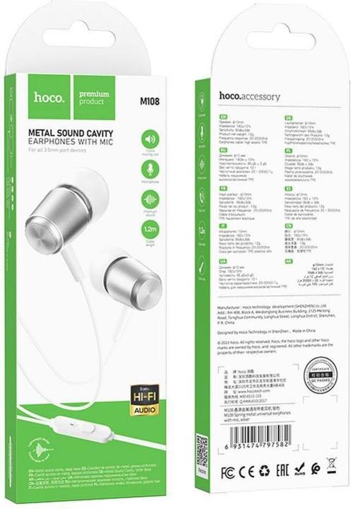 Actual product image Hoco - Wired Earphones (M108) - Jack 3.5mm with Microphone, 1.2m - White (Cable)