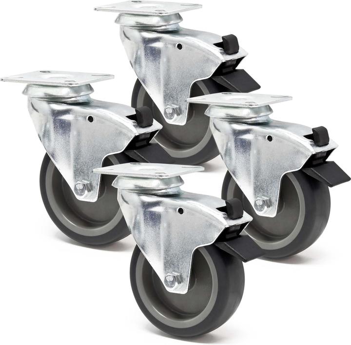 Actual product image Wiltec Set of 4 Castors 4x Transport Rollers 100mm w/Plastic Wheel, Brake, Mounting Plate, max 80kg/Roller