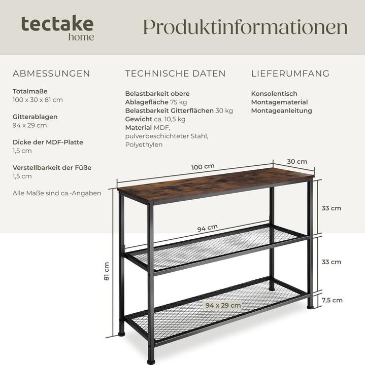 Produktbild tectake Konsolentisch Bristol 100x30x81cm (100 x 30 x 81 cm)