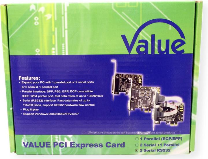 Actual product image Value PCI Express card, serial RS232, D-Sub 9, 2 ports