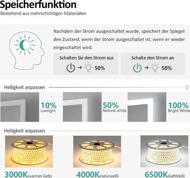 Produktbild Emke Badspiegel mit Beleuchtung Φ80cm, 3 Farbtemperaturen(3000K-6500K) und dimmbaren, Touch Schalter