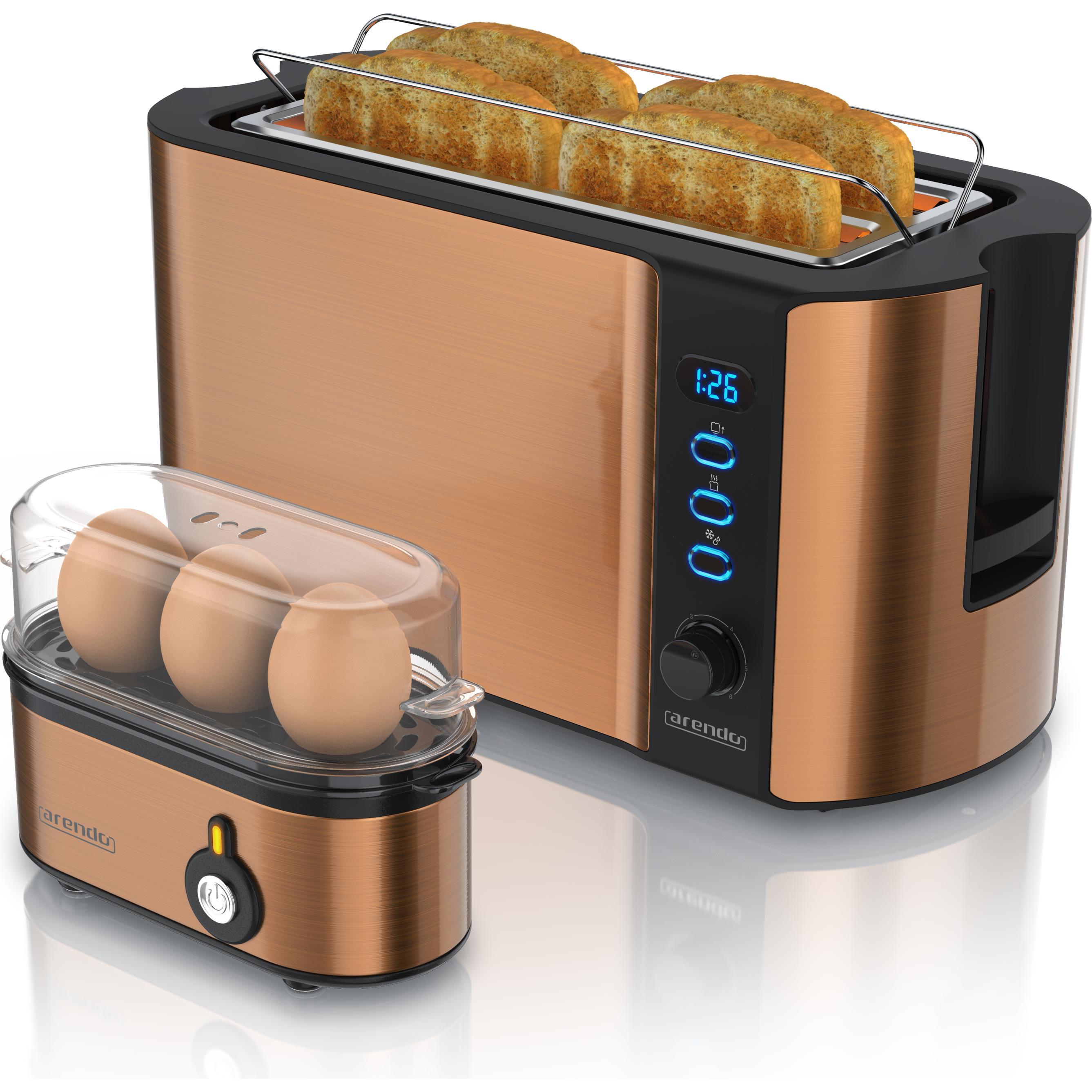 Arendo Frühstücks Set, 4-Scheiben Langschlitz Toaster mit Brötchenaufsatz & Eierkocher für 3 Eier, Kupfer, Toaster, Kupf...