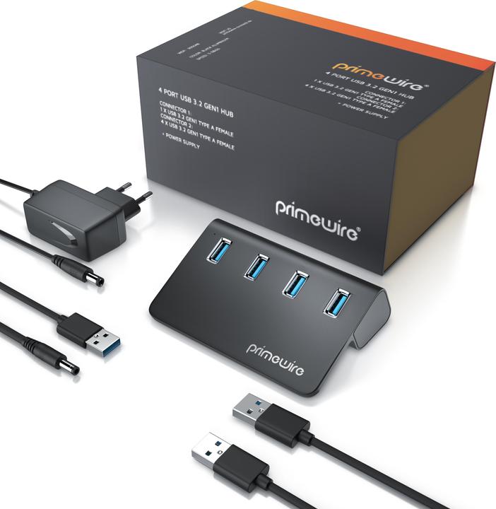Produktbild Primewire 4 Port USB 3.2 Gen.1 Hub Aktiv, Verteiler mit Netzteil, USB 3.0 Datenhub Super Speed bis zu 5 Gbit/s (USB-A, 4 Ports)
