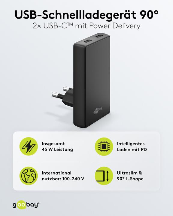 Produktbild Goobay USB-C PD GaN Dual-Schnellladegerät 90° Flat 45 W schwarz (45 W, 2 Ports)
