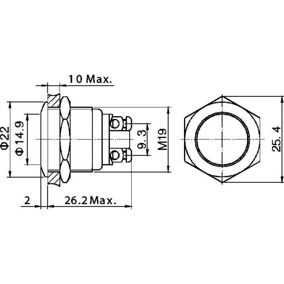 Thumbnail - Tru Components 701270 GQ 19F-S Vandalismusgeschützter Drucktaster 48 V/DC 2 A 1, Taster + Schalter, Silber