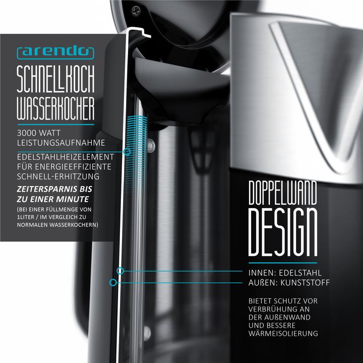 Produktbild Arendo Wasserkocher 1,7 l, 3000 W, Edelstahl, Schnellkoch Funktion, Temperatureinstellung 70° C - 100° C (1.70 l)