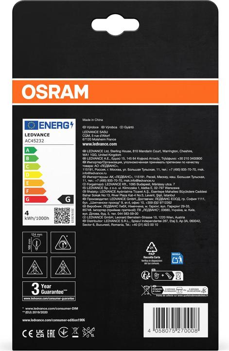 Immagine prodotto Osram annata 1906 (E27, 4.50 W, 250 lm, 1 x, G)