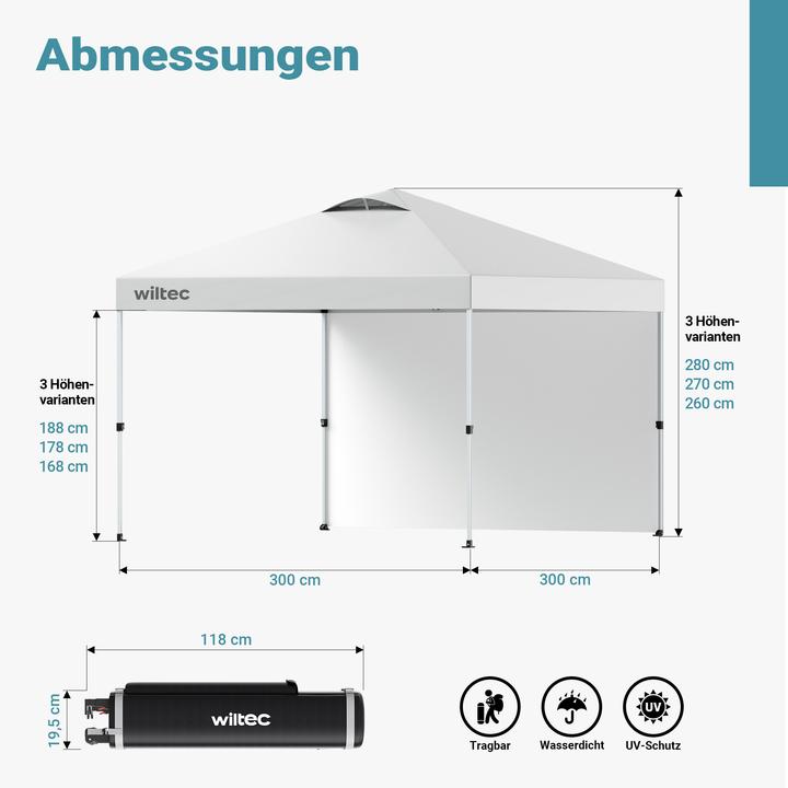 Actual product image Wiltec Pop up Pavillon 3x3m weiss Seitenteil Räder Gartenpavillon Faltpavillon (300 cm, 300 cm)