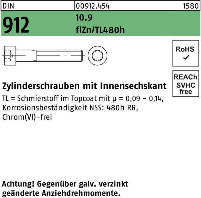 Produktbild Zylinderschraube DIN 912 m.Innensechskant M 20 x 160 10.9 zinkbesch Gleitmittel flZnnc 480h-L (10 Schrauben pro Stück)