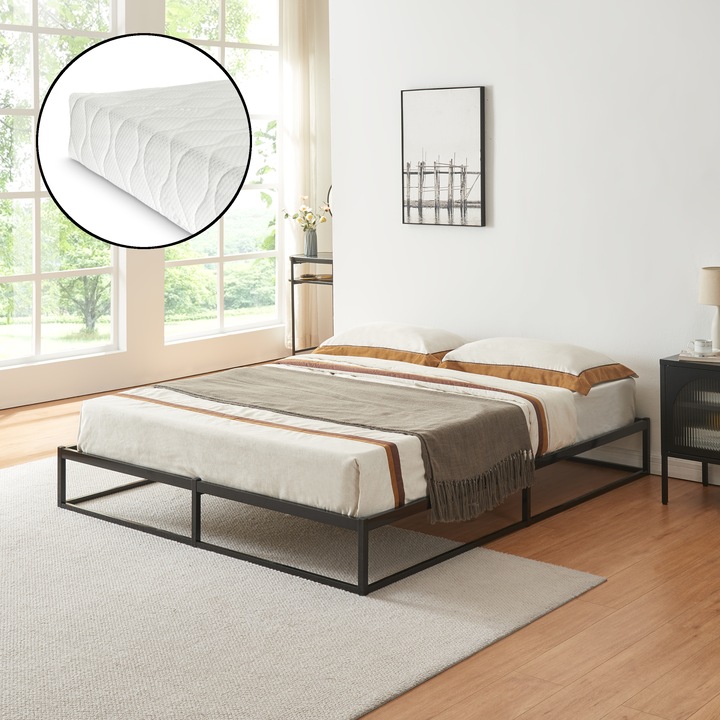 Produktbild En.Casa Metallbett Trerunta mit Matratze 140 x 200 cm Stahl Schwarz (140 x 200 cm)