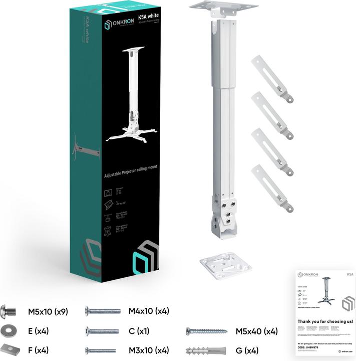Produktbild Onkron Adjustable Ceiling/Wall Projector Mount up to 10 kg, White (Decke, Wand)