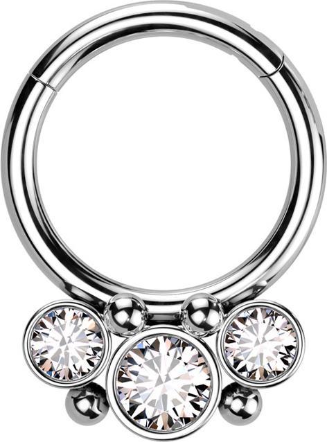 Actual product image Star Piercing Micro segment ring hinged silver four balls three round crystals silver (without brass, Surgical steel 316L)