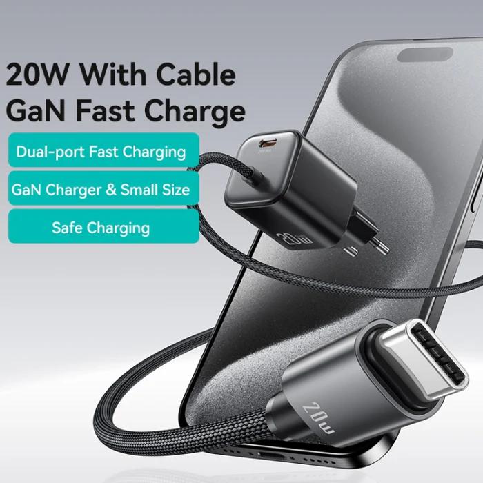 Actual product image Usams Ładowarka sieciowa JC Series CC261 20W GaN Mini Fast Charger 2xUSB-C czarny (20 W, 2 ports)