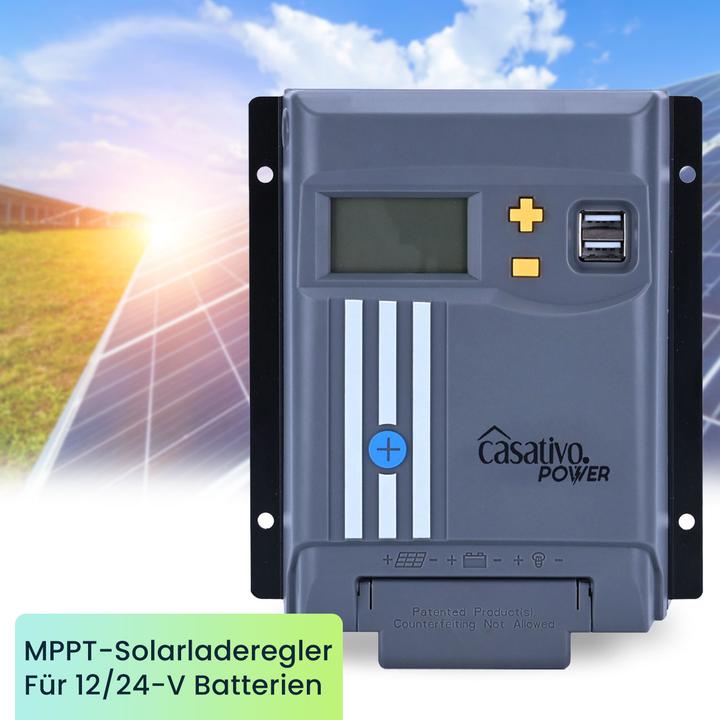 Actual product image Casativo Set of 2 MPPT solar charge controllers for 12/24V battery, 20A, incl. 2 USB-A ports, LCD display