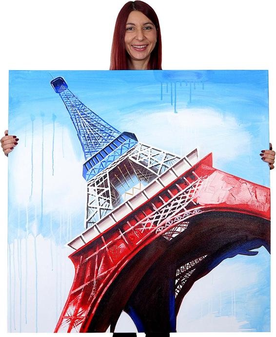 Produktbild Swisshandel24 Ölgemälde Eiffelturm Tricolore, 100% handgemaltes Wandbild Gemälde XL, 100x100cm (100 x 100 cm)