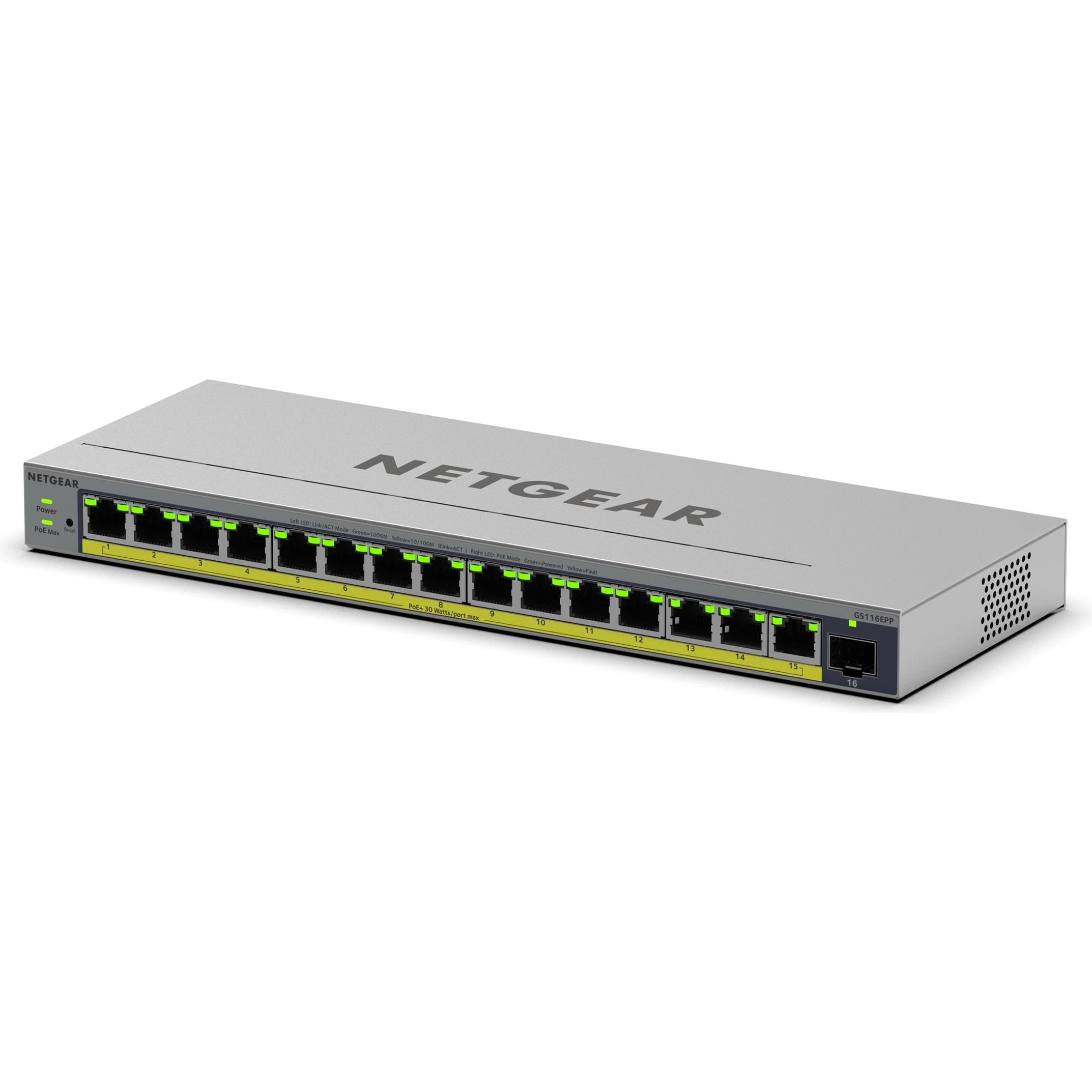 Netgear 16PT GB PLUS SWICH W/ POE+ GS116EPP (16 Ports), Netzwerk Switch, Grau