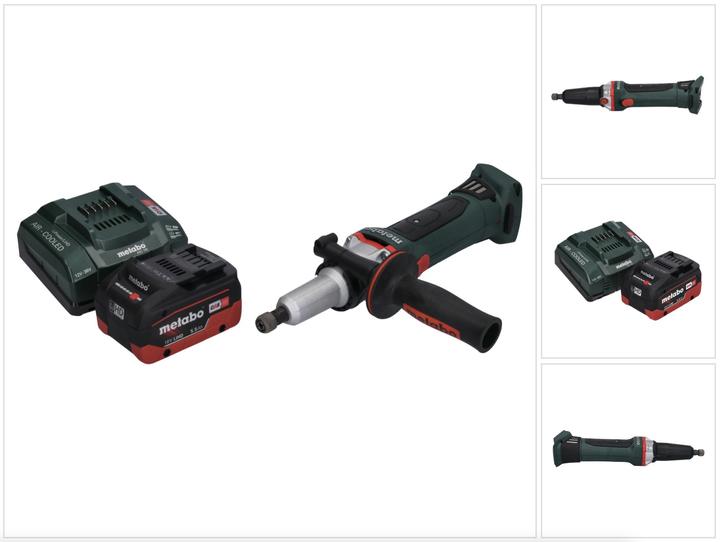 1x Metabo GA 18 LTX G Akku Geradschleifer, 1x Spannzange 6 mm, 1x Zusatzhandgriff, 1x Staubschutzfilter, 1x Metabo LiHD Akkupack 18 V 5,5 Ah Akku ( 625368000 ), 1x Metabo ASC 145 Ladegerät