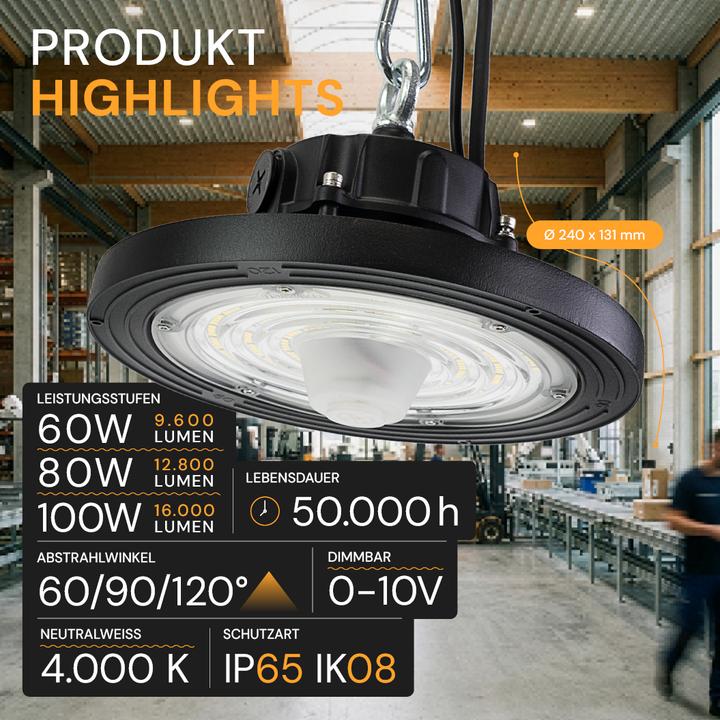 Produktbild Enovalite LED-HighBay, Sensor-Ready, UFO, anpassbare Leistung 60-100 W, 4000 K (16000 lm)