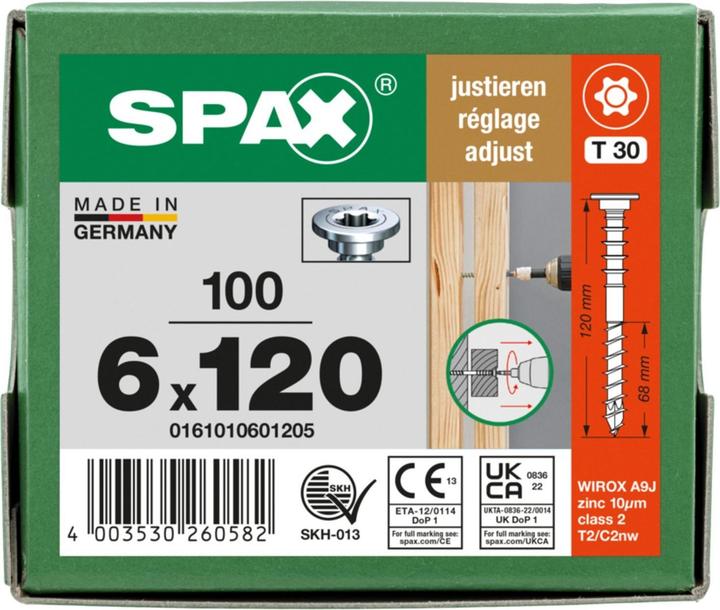 Image du produit Spax Justierschraube Flachkopf T-Star Plus T30 Halterillen 4cut Wirox (100 Vis par pièce, 6 x 120 mm)