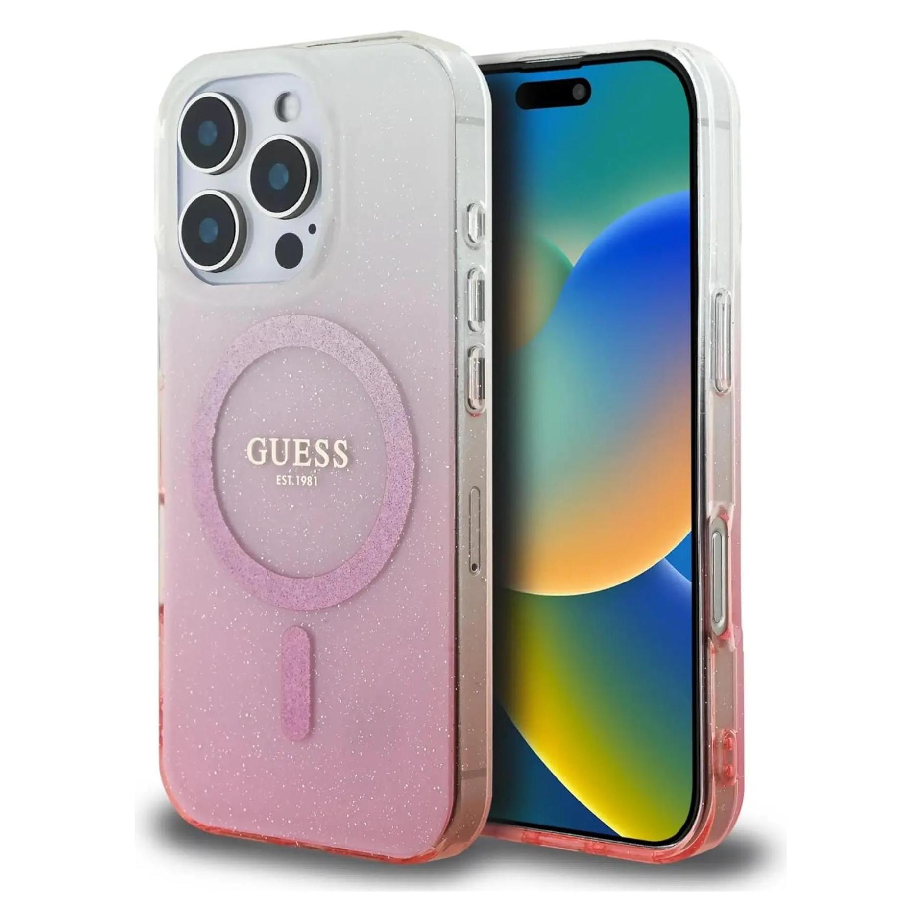 Guess GUHMP16LHGRCELP IPhone 16 Pro 6.3" Różowy/pink Hardcase Iml Glitter Gradient MagSafe (Apple IPhone 16 Pro), Smartphone Hülle, Pink,